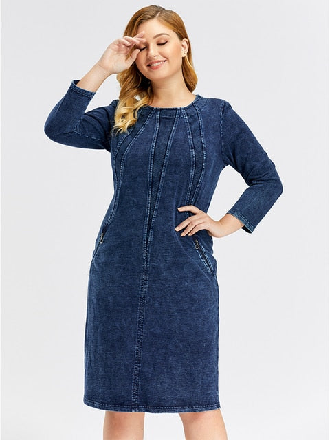 Women's Plus Size Denim Dress Premium Stretch Denim  Slim Fit Dress Casual Dress with shoulder pads