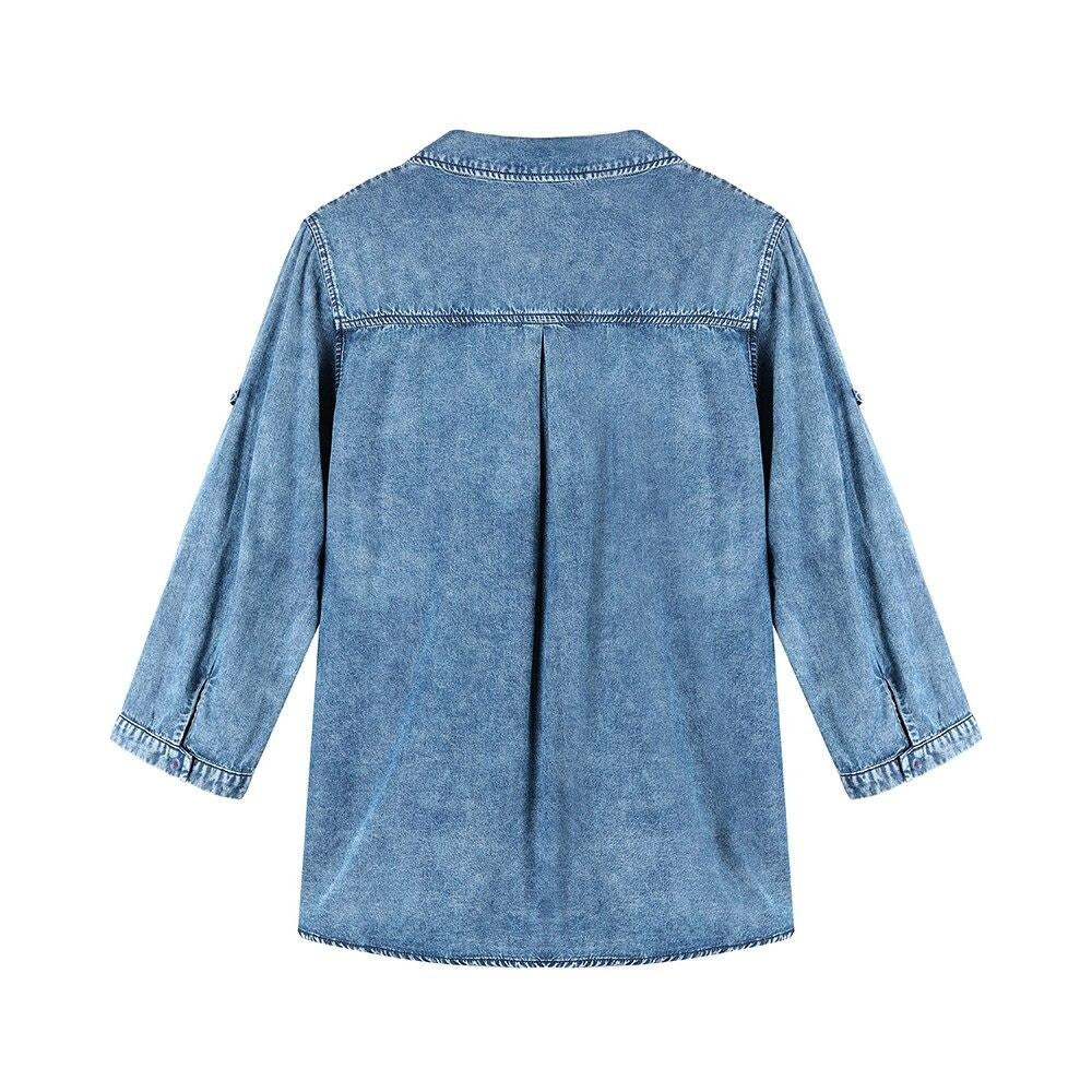 Women's Plus Size Denim Tops Shirt Spring Slim Fit Shirt Casual Shirt Woven Denim Three QuarterSleeve