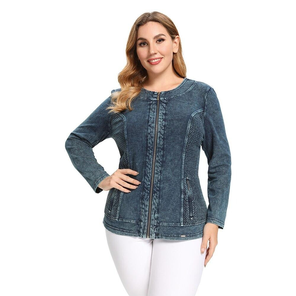 Women's Plus Size Autumn Casual Denim Jacket  High Flexibility Cotton Knitted Denim Jacket