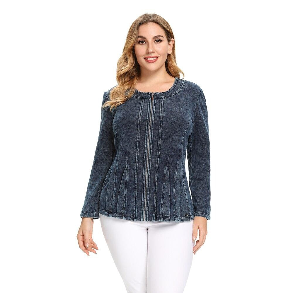 Women's Plus Size Autumn Casual Denim Jacket High Flexibility Cotton Knitted  Jacket