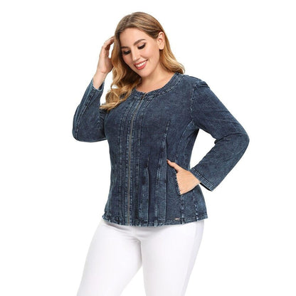 Women's Plus Size Autumn Casual Denim Jacket High Flexibility Cotton Knitted  Jacket