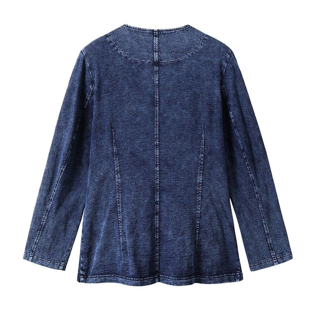 Women's Plus Size Autumn Casual Denim Jacket High Flexibility Cotton Knitted  Jacket