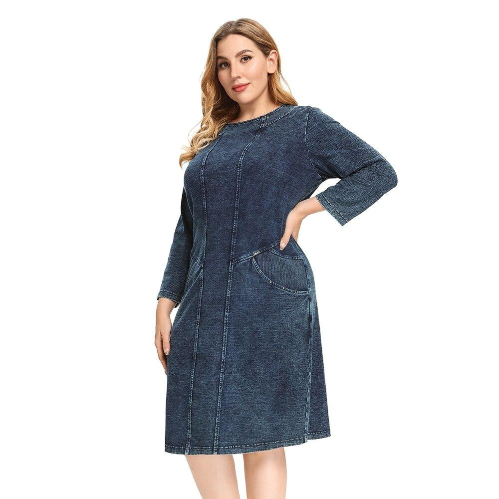 Women's Plus Size Denim Dress High Flexibility Slim Fit Dress Casual Knitted Dress