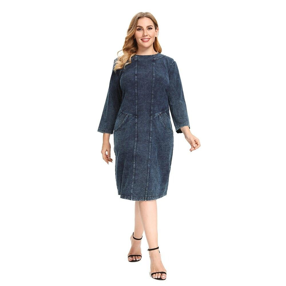 Women's Plus Size Denim Dress High Flexibility Slim Fit Dress Casual Knitted Dress