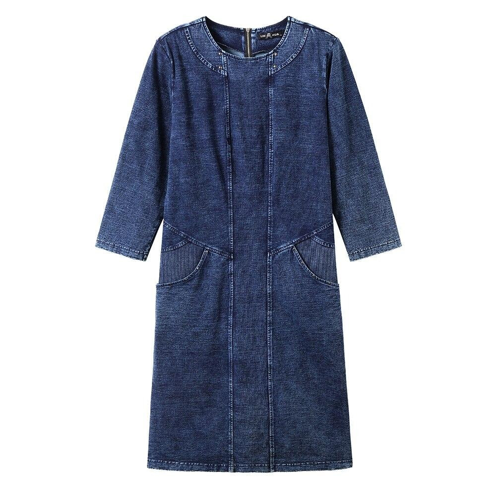 Women's Plus Size Denim Dress High Flexibility Slim Fit Dress Casual Knitted Dress