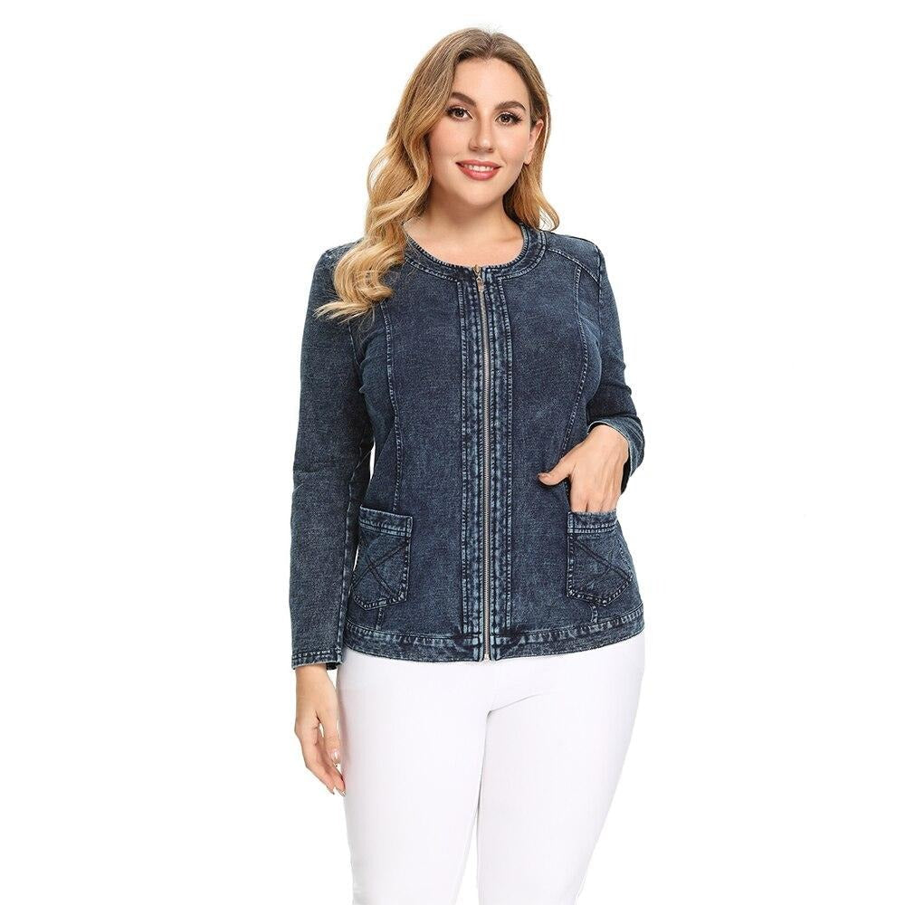 Women's Plus Size Autumn Casual Denim Jacket High Flexibility Cotton Knitted Denim Jacket