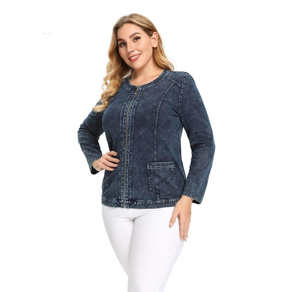 Women's Plus Size Autumn Casual Denim Jacket High Flexibility Cotton Knitted Denim Jacket