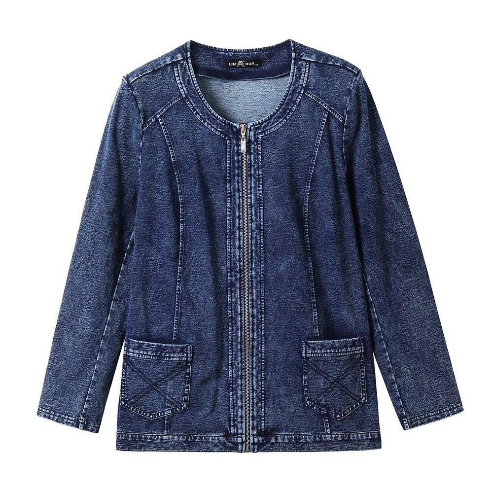Women's Plus Size Autumn Casual Denim Jacket High Flexibility Cotton Knitted Denim Jacket
