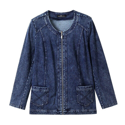 Women's Plus Size Autumn Casual Denim Jacket High Flexibility Cotton Knitted Denim Jacket
