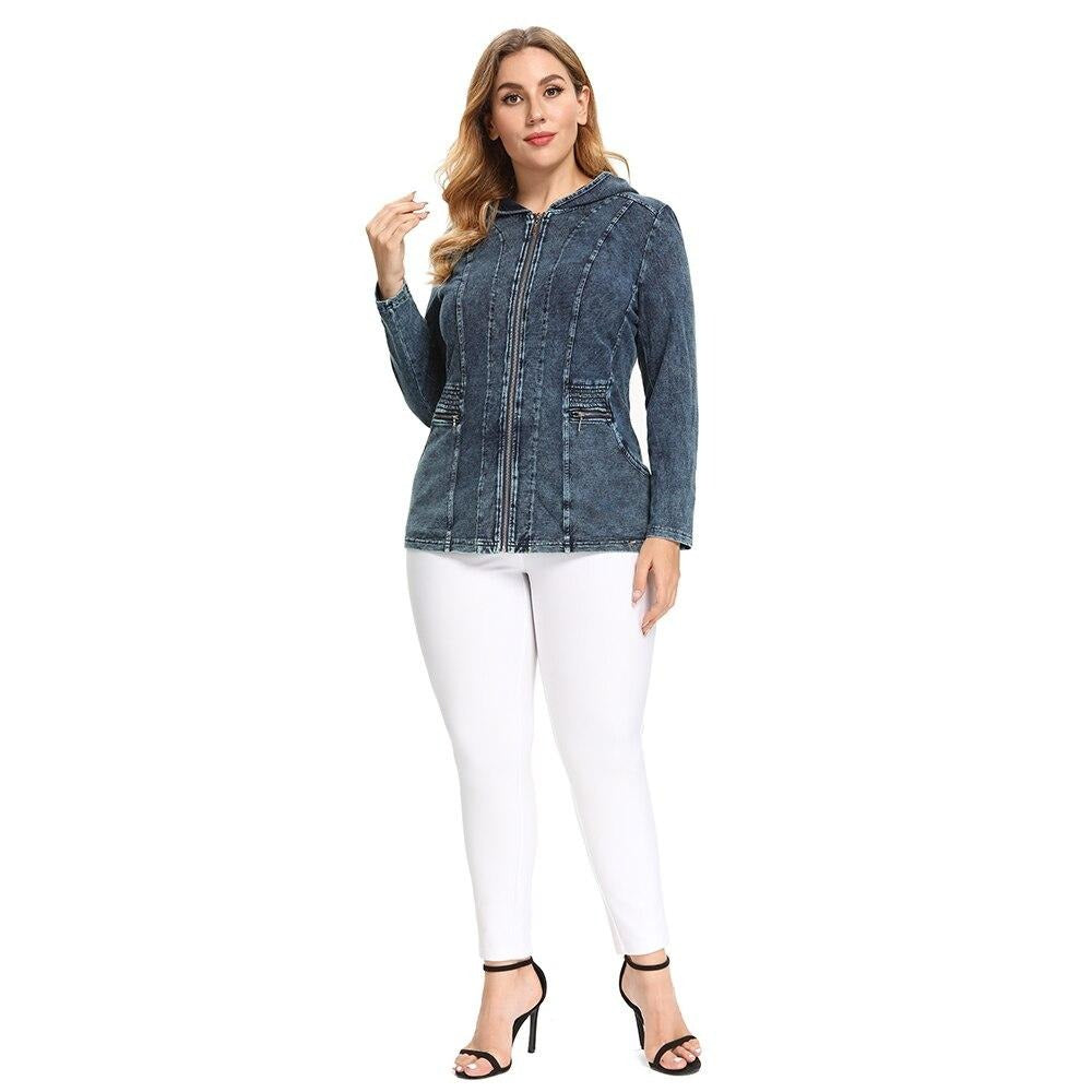 Women's Plus Size Casual Denim Jacket Woman Premium Stretch Knitted Denim with Shoulder Pads and Hat