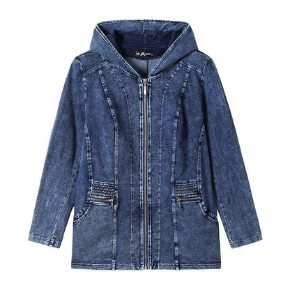 Women's Plus Size Casual Denim Jacket Woman Premium Stretch Knitted Denim with Shoulder Pads and Hat