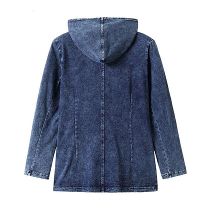 Women's Plus Size Casual Denim Jacket Woman Premium Stretch Knitted Denim with Shoulder Pads and Hat