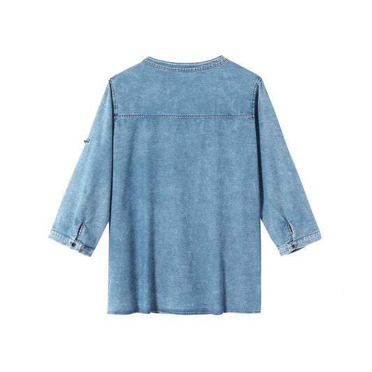 Women's Plus Size Denim Tops Shirt Spring Slim Fit Shirt Casual Shirt Woven Denim Three QuarterSleeve