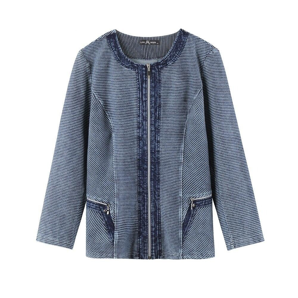 Women's Plus Size Casual Fashion Denim Jacket Premium Stretch Knitted Denim with shoulder pads