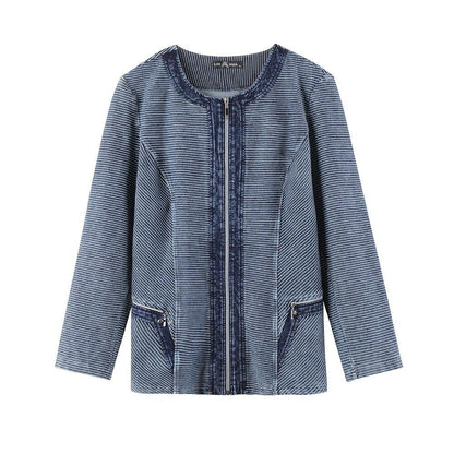 Women's Plus Size Casual Fashion Denim Jacket Premium Stretch Knitted Denim with shoulder pads