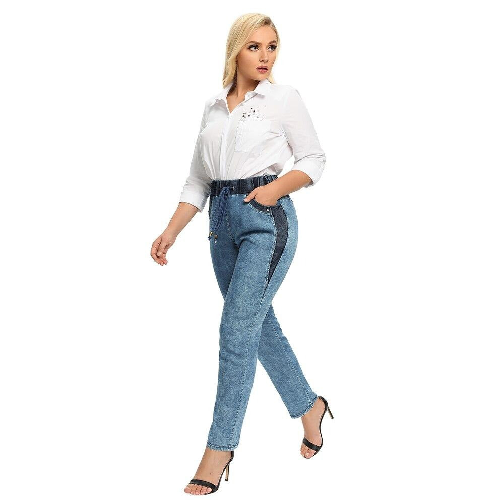 Women's Plus Size Casual Jeans High Flexibility Cotton Woven Thin Denim Trousers Softener Jeans with Elastic Waist