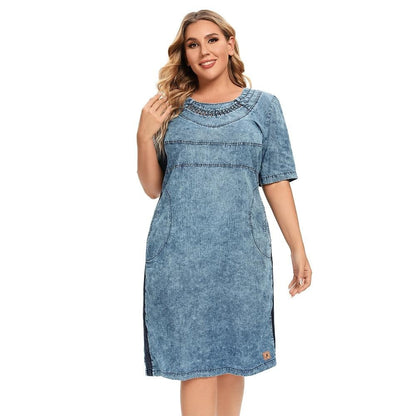 Women's Plus Size Denim Dress Summer Slim Fit Dress Casual Dress Woven Denim Short Sleeve -LengtKneeh