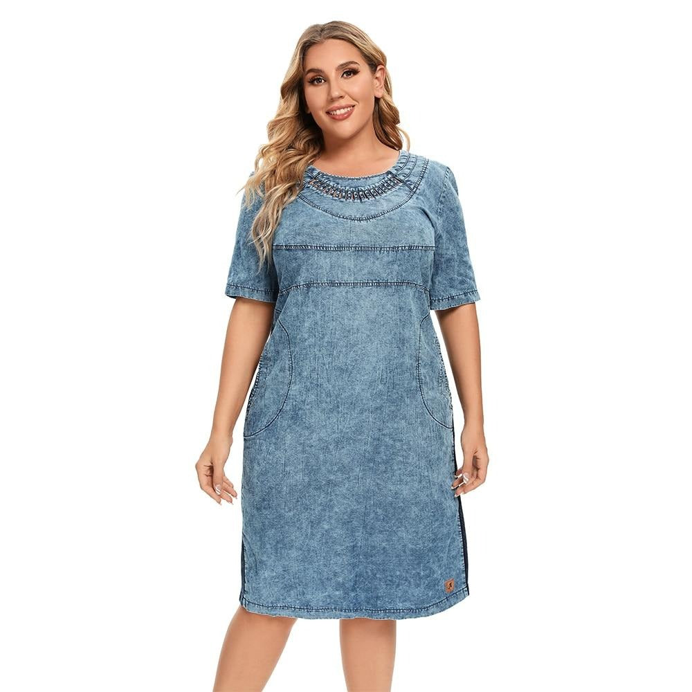 Women's Plus Size Denim Dress Summer Slim Fit Dress Casual Dress Woven Denim Short Sleeve -LengtKneeh