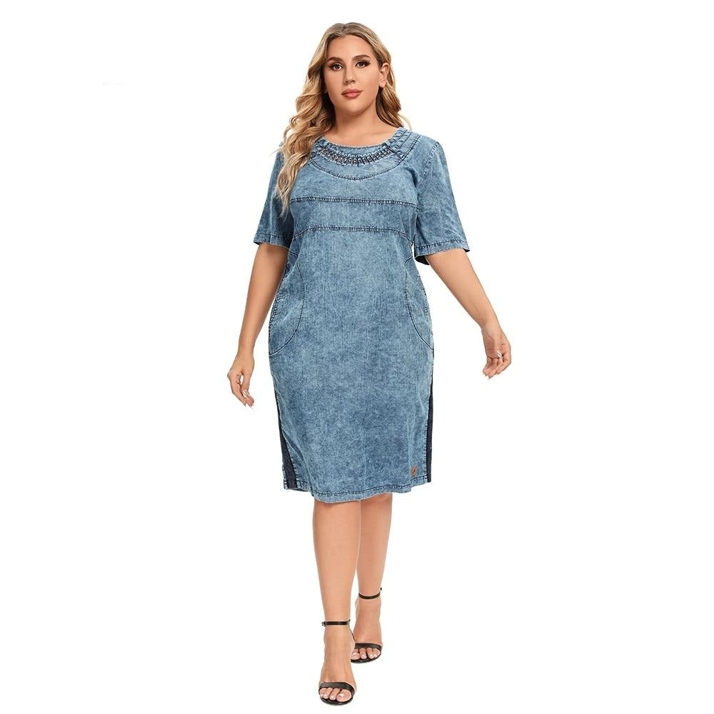 Women's Plus Size Denim Dress Summer Slim Fit Dress Casual Dress Woven Denim Short Sleeve -LengtKneeh
