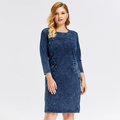 Women's Plus Size Denim Dress Elasticity Knitted Denim Dresses Slim Fit Casual Dress  Knee-Length Midi Dress