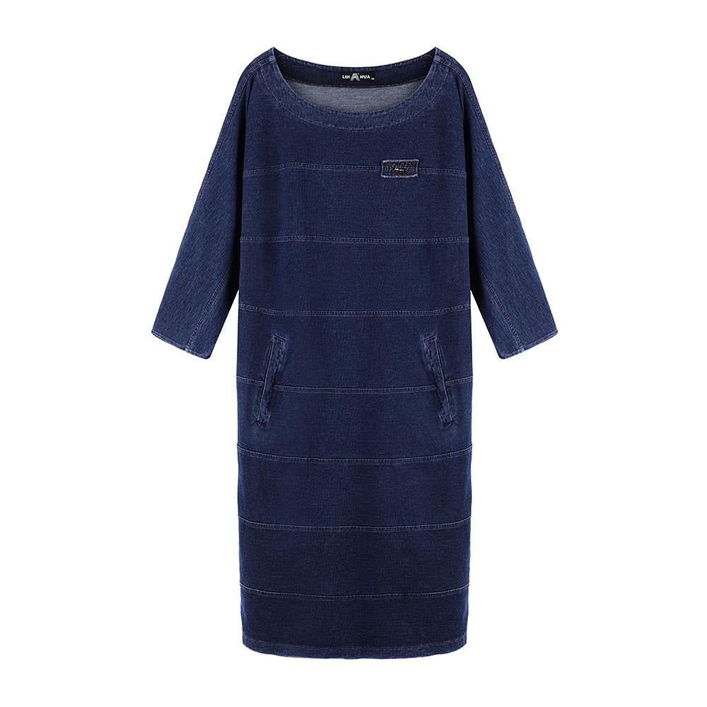 Women's Plus Size Denim Dress Elasticity  Knitted Denim Dresses Slim Fit Casual Dress Shoulder Pads Midi Dress