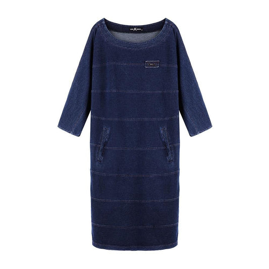Women's Plus Size Denim Dress Elasticity  Knitted Denim Dresses Slim Fit Casual Dress Shoulder Pads Midi Dress