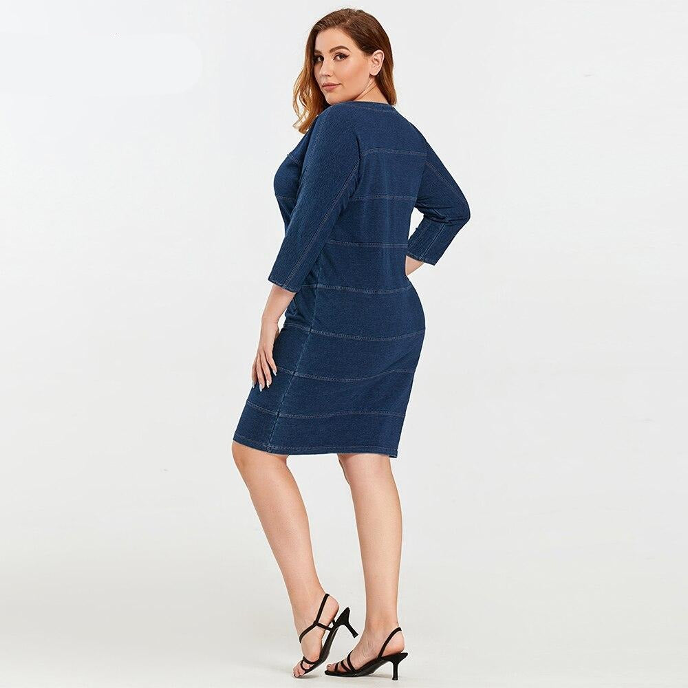 Women's Plus Size Denim Dress Elasticity  Knitted Denim Dresses Slim Fit Casual Dress Shoulder Pads Midi Dress