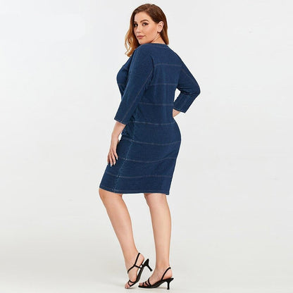 Women's Plus Size Denim Dress Elasticity  Knitted Denim Dresses Slim Fit Casual Dress Shoulder Pads Midi Dress
