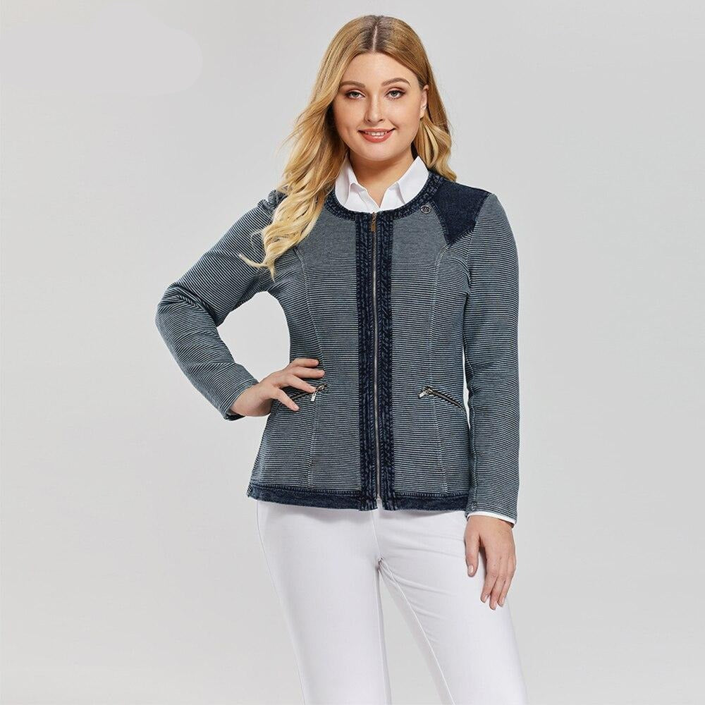 Women's Plus Size Casual Fashion Denim Jacket Premium Stretch Knitted Denim with shoulder pads