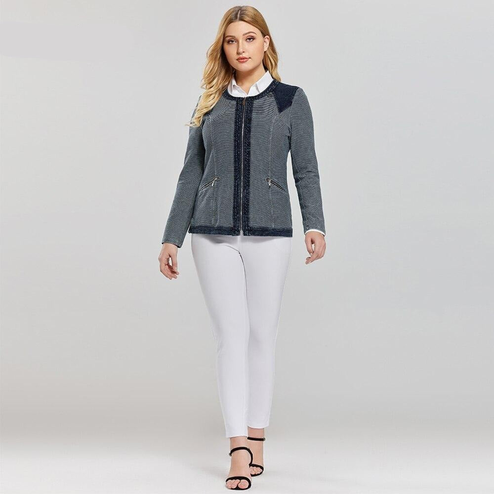 Women's Plus Size Casual Fashion Denim Jacket Premium Stretch Knitted Denim with shoulder pads