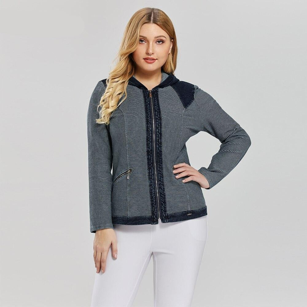 Women's Plus Size Casual Denim Jacket Premium Stretch Knitted Denim with shoulder pads and hat