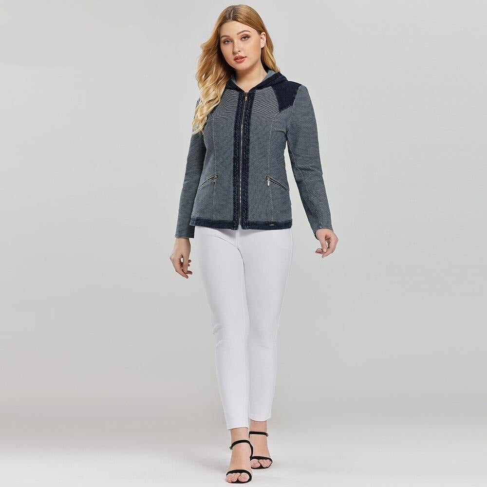 Women's Plus Size Casual Denim Jacket Premium Stretch Knitted Denim with shoulder pads and hat