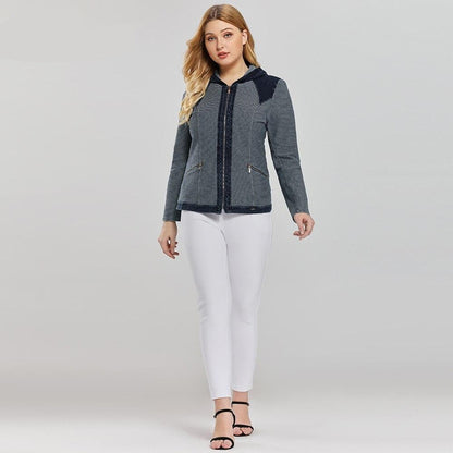 Women's Plus Size Casual Denim Jacket Premium Stretch Knitted Denim with shoulder pads and hat