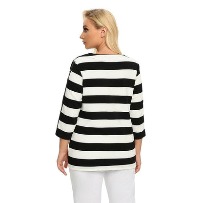 Women's Plus Size Spring Polyester Striped Printed T-shirt with Sequins And Elastic Round Neck Casual Top