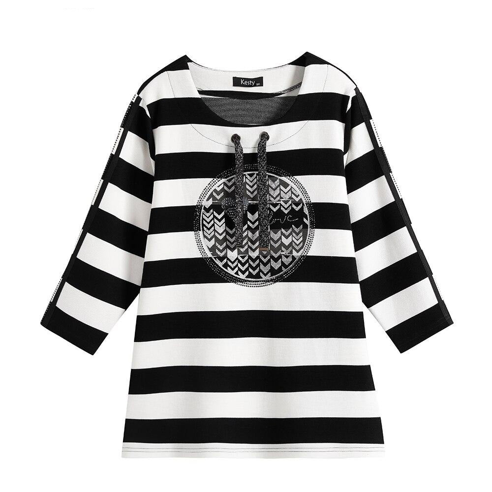 Women's Plus Size Spring Polyester Striped Printed T-shirt with Sequins And Elastic Round Neck Casual Top