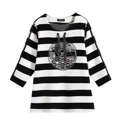 Women's Plus Size Spring Polyester Striped Printed T-shirt with Sequins And Elastic Round Neck Casual Top