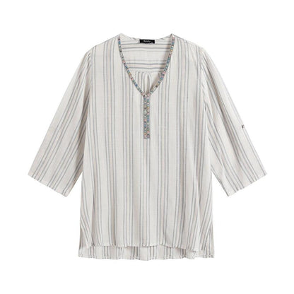 Women's Plus Size Spring And Summer Striped Cotton Top With Sequined V-Neck Casual Top