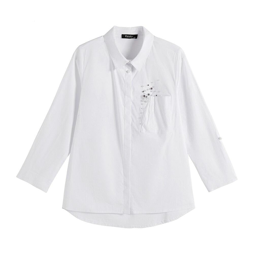Women's  Plus Size Spring Shirt With Elastic Beaded Lapel Tie Button Casual Top