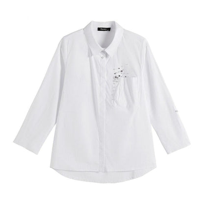 Women's  Plus Size Spring Shirt With Elastic Beaded Lapel Tie Button Casual Top