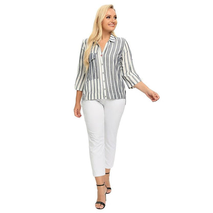 Women's Plus Size Spring Cotton Striped Shirt With Pockets And Button Lapel Casual Top