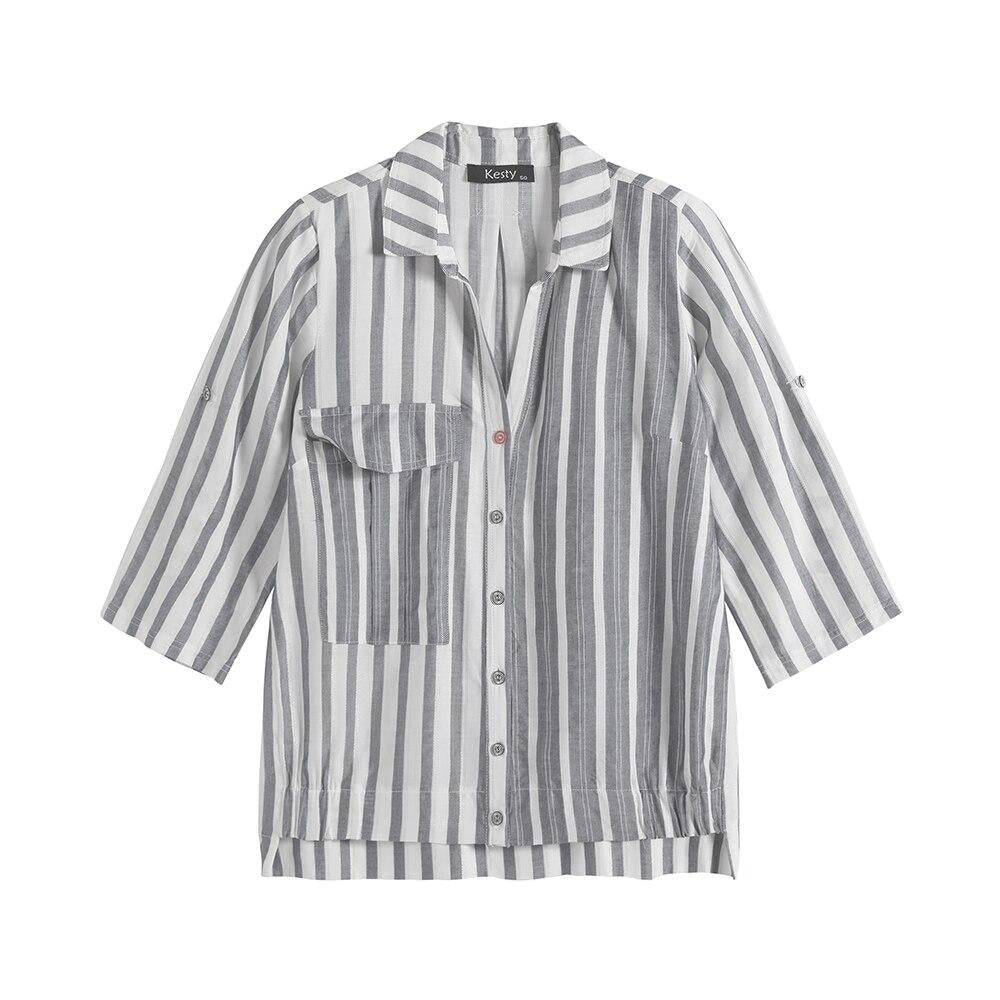 Women's Plus Size Spring Cotton Striped Shirt With Pockets And Button Lapel Casual Top