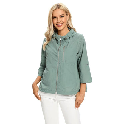 Women's Plus Size Windbreaker Short Hooded Jacket Spring And Autumn Loose Zipper Windbreaker