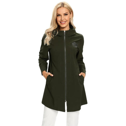 Women's Plus Size Windbreaker Mid-Length Hooded Jacket Spring And Autumn Loose Zipper Print Windbreaker