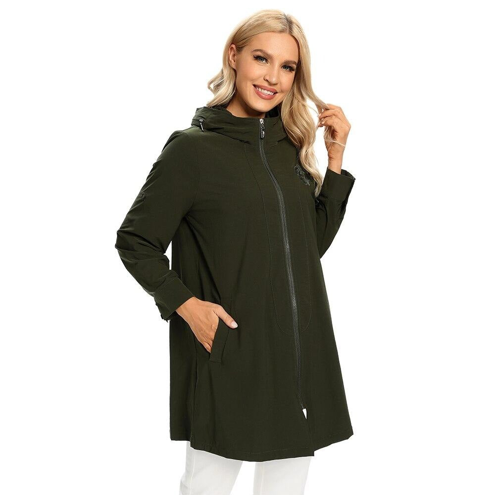 Women's Plus Size Windbreaker Mid-Length Hooded Jacket Spring And Autumn Loose Zipper Print Windbreaker