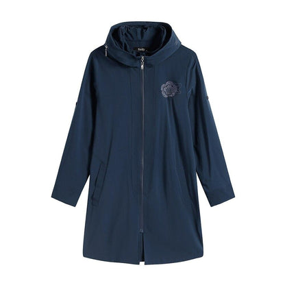 Women's Plus Size Windbreaker Mid-Length Hooded Jacket Spring And Autumn Loose Zipper Print Windbreaker