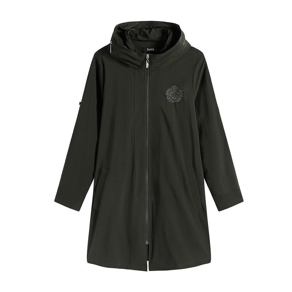 Women's Plus Size Windbreaker Mid-Length Hooded Jacket Spring And Autumn Loose Zipper Print Windbreaker