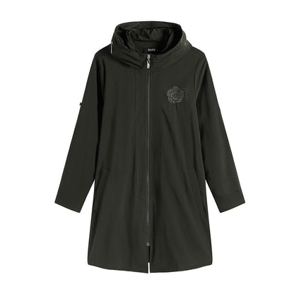 Women's Plus Size Windbreaker Mid-Length Hooded Jacket Spring And Autumn Loose Zipper Print Windbreaker