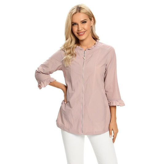 Women's Plus Size Windbreaker Mid-Length Round Neck Jacket Spring And Autumn Loose Zipper Windbreaker