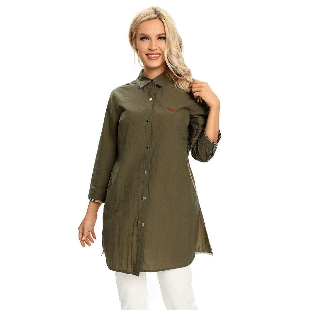 Women's Plus Size Windbreaker Mid-Length Lapel Shirt Spring And Autumn Loose Buttoned Windbreaker