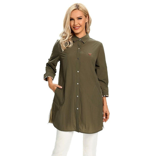 Women's Plus Size Windbreaker Mid-Length Lapel Shirt Spring And Autumn Loose Buttoned Windbreaker